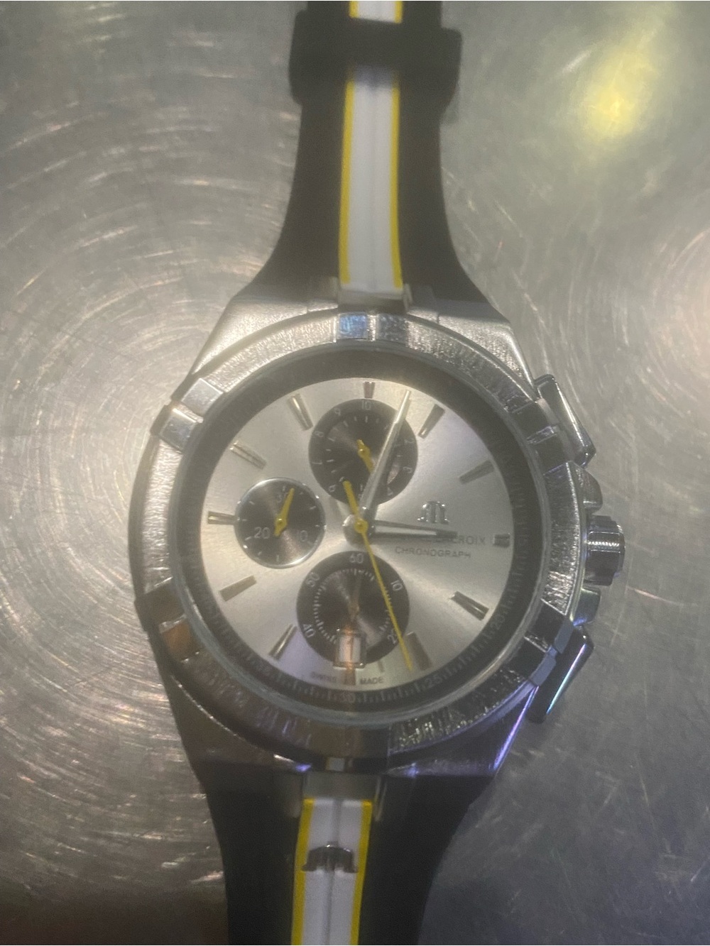 New Silver Chronograph Watch with Black, White & Yellow Strap